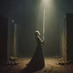 a woman is holding onto a sword with both hands