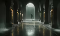 a ghostly figure walks through an eerie building
