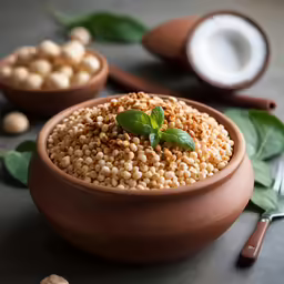 beans in a bowl with a fork, knife and bowl next to it