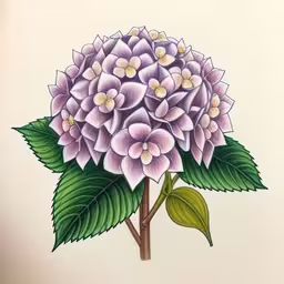 a painting of a purple flower on white paper,a drawing of a flower with green leaves on a white background