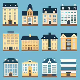 various buildings with many windows are in different colors,this is a set of different buildings in different sizes