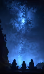 three people sit on benches and look up at the night sky