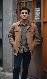 a man in brown jacket and gray shirt leaning on door
