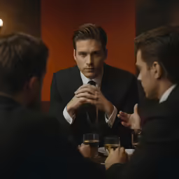 two men in suits are sitting at a table