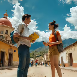 a man standing next to a woman holding a binder