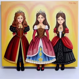 three girls wearing dresses with tiaras and long hair,there are three girls dressed up in different outfits