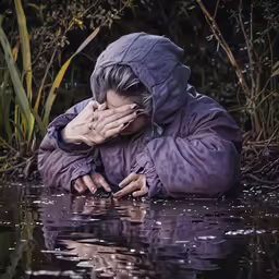 a woman in a hood over her head sits in the water