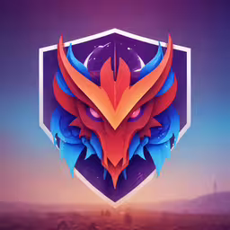 a bright red and blue animal head on a purple background,a dragon emblem over the image of desert in the background