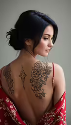 a woman with a very long and beautiful back tattoo
