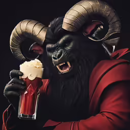 an evil demon in a red suit holding a mug