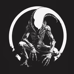 an alien sitting down in front of a round
