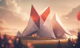 the architecture of a museum, and the exterior of it with mountains in the background