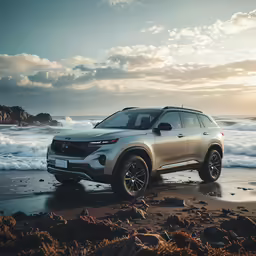 the new compass is parked on a beach during sunset
