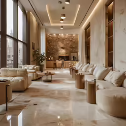 there is a long room with several sofas and tables