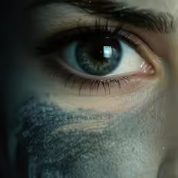 a mans blue eye with a lot of white paint on his face