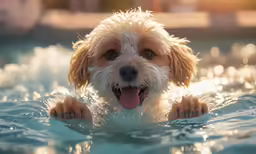 the white dog is smiling and swimming in the pool