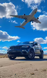 a blue jeep driving with an air plane flying overhead