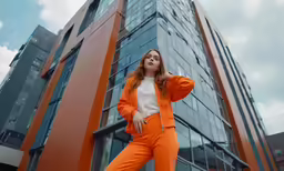 a woman wearing an orange jumpsuit posing for a photo