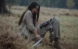 woman with long hair in grass holding sword
