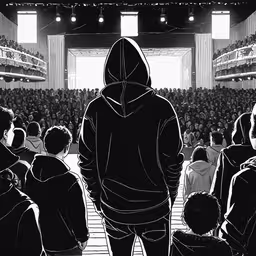 a person standing at the front of an auditorium,people are standing in front of a stage and watching a movie