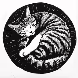 a cat curled up sleeping in a circle,a drawing of a sleeping cat in black and white