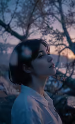 the lady is standing near a tree in the evening