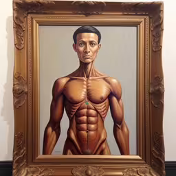 an art work in the frame of a mans body is displayed on a wall,an oil painting of a man that has muscle