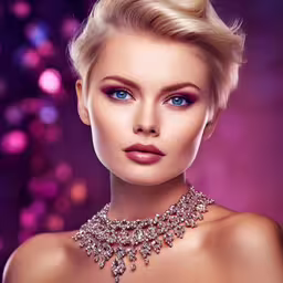 a woman wearing a very elegant necklace on her neck,a woman with blue eyes wearing a very elaborate necklace