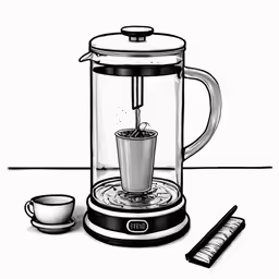 a drawing of a blender with a cup and spoon in front of it
