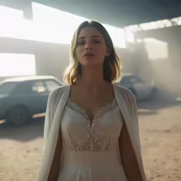 a woman standing next to a dirt road