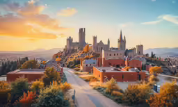 a castle surrounded by buildings on a cliff side