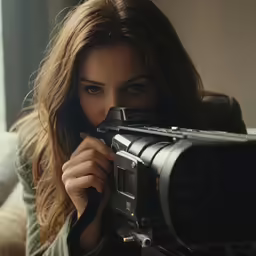 a young woman with long brown hair is holding a camera and looking at it