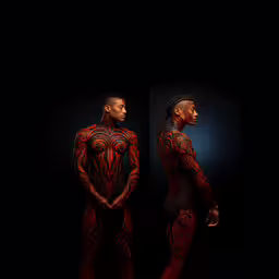 two images of two black people with red body paint,the woman in red body paint stands on one leg