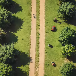 a dirt road winds through an area of green grass with a herd of animals next to it