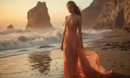 a beautiful woman in an orange dress walking on the beach