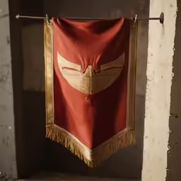 a red pennant with gold fringes hanging from a rope