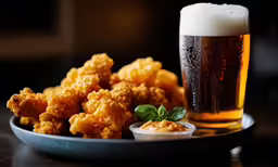 beer and snacks sitting on a plate with a glass