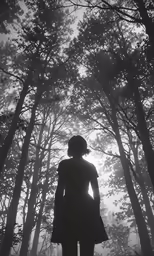 black and white photograph of woman standing in the forest