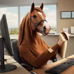 a horse wearing a sweater sitting at a desk