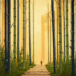 a lone man is walking up an alley in the tall bamboo trees,a painting with an artistic landscape of a person in the middle