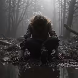 woman crouched over the ground next to water in a forest