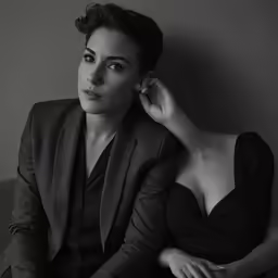 two women sitting next to each other in a black and white photo