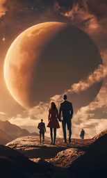 a man and woman holding hands and looking at the sky