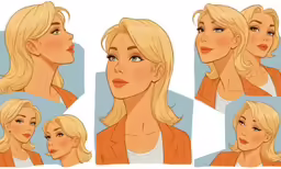 a series of four animation faces with blonde hair and blue eyes