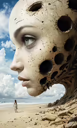 a lady standing on the beach next to a sculpture