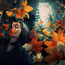 a girl looking out into the distance while surrounded by autumn leaves