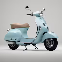 a moped sits parked in front of a gray background