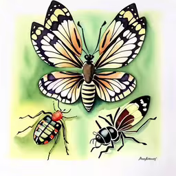 watercolor painting of moths and beetles on a green background,an illustration of butterflies and bug