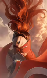a woman with red hair flying through the air
