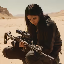 an image of a woman holding a machine gun